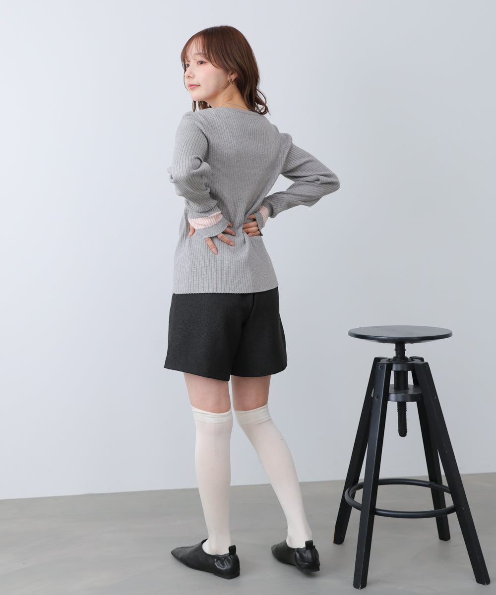 袖配色クルーネックリブニットトップス