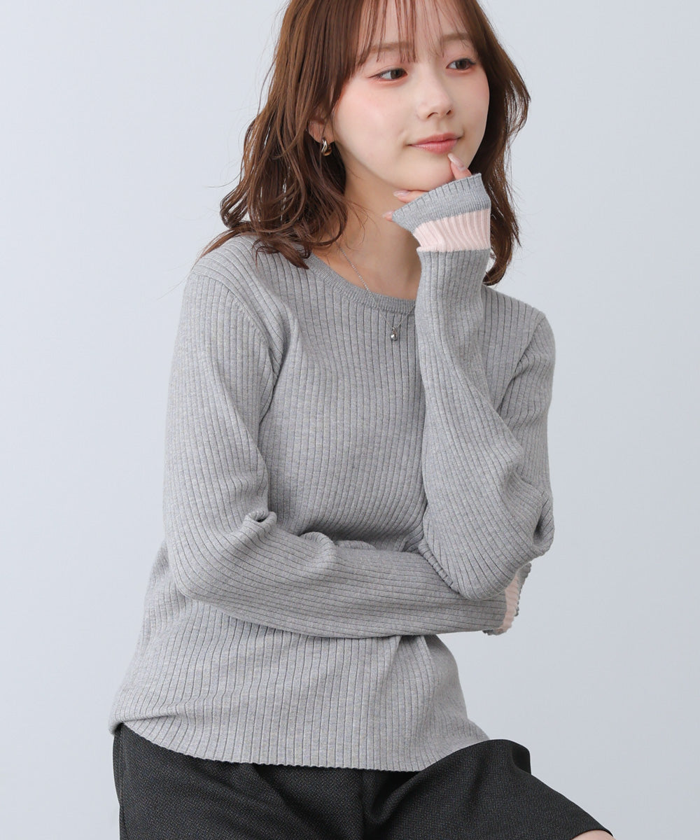 袖配色クルーネックリブニットトップス