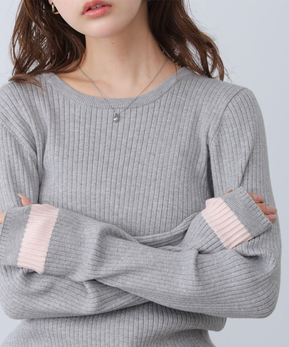 袖配色クルーネックリブニットトップス
