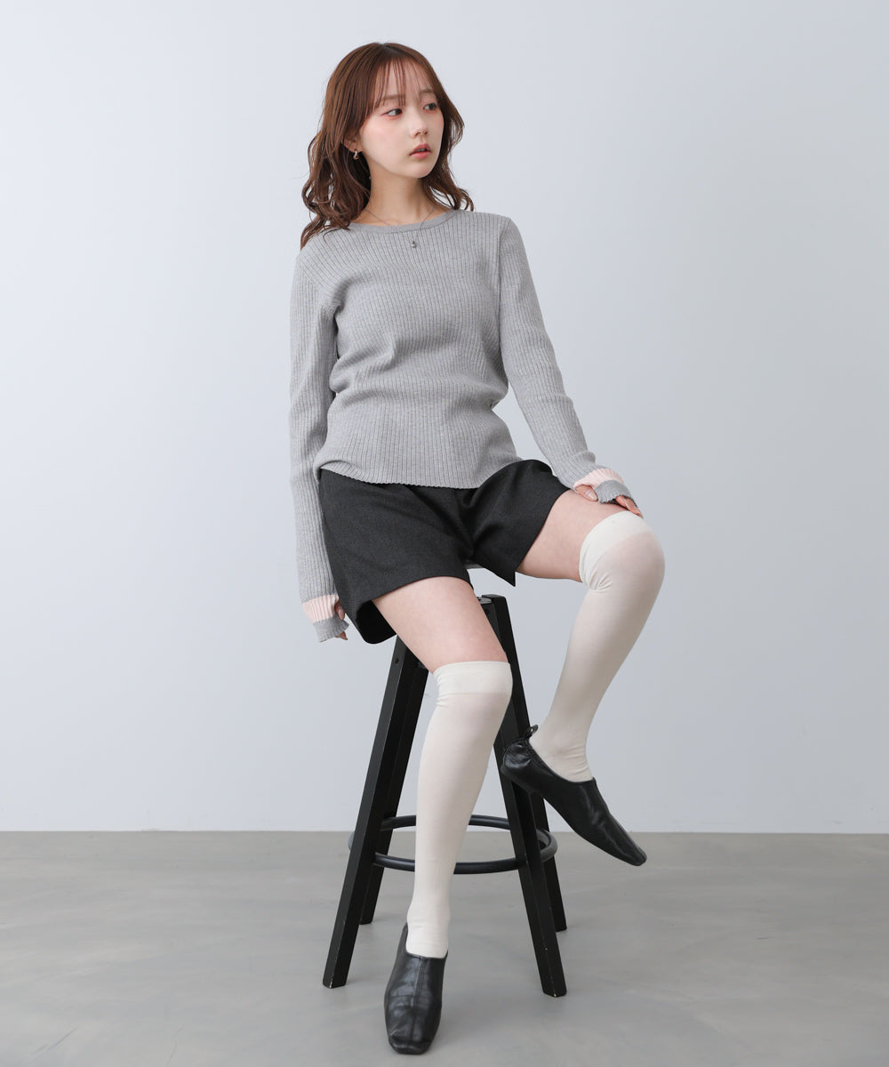 袖配色クルーネックリブニットトップス