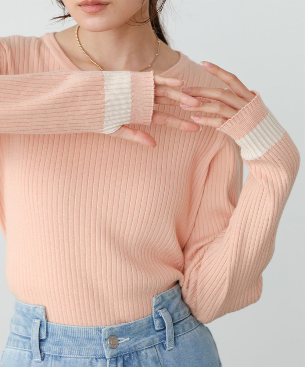 袖配色クルーネックリブニットトップス