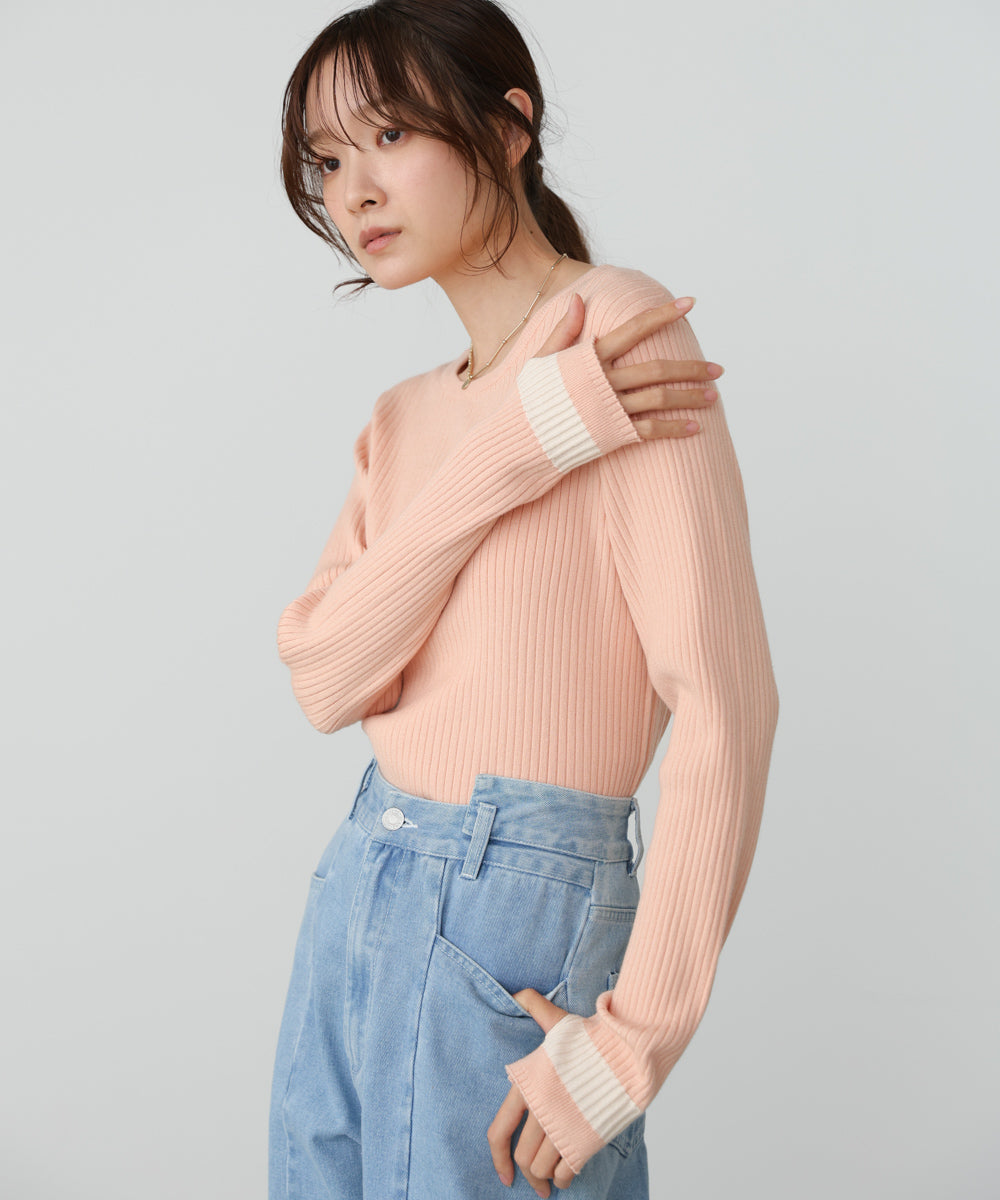 袖配色クルーネックリブニットトップス