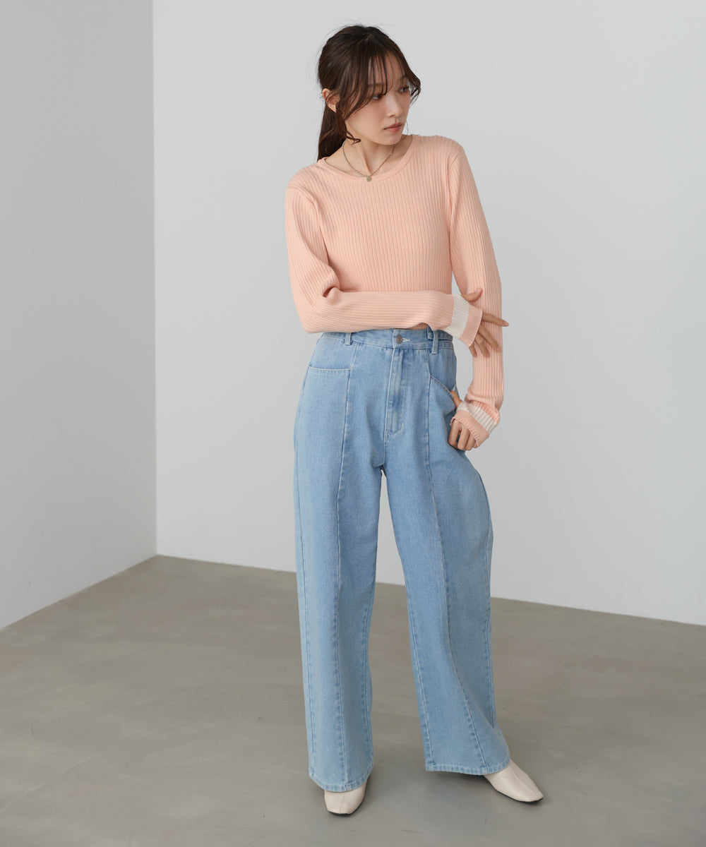 袖配色クルーネックリブニットトップス