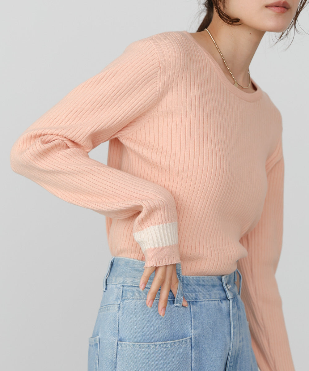 袖配色クルーネックリブニットトップス