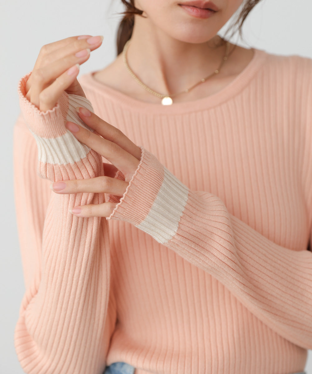 袖配色クルーネックリブニットトップス