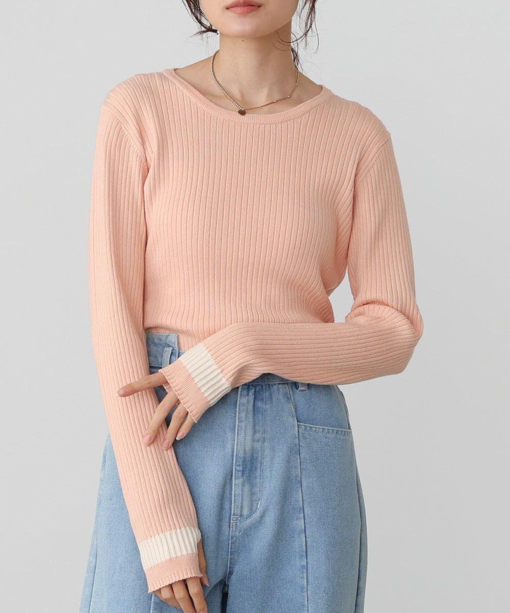 袖配色クルーネックリブニットトップス