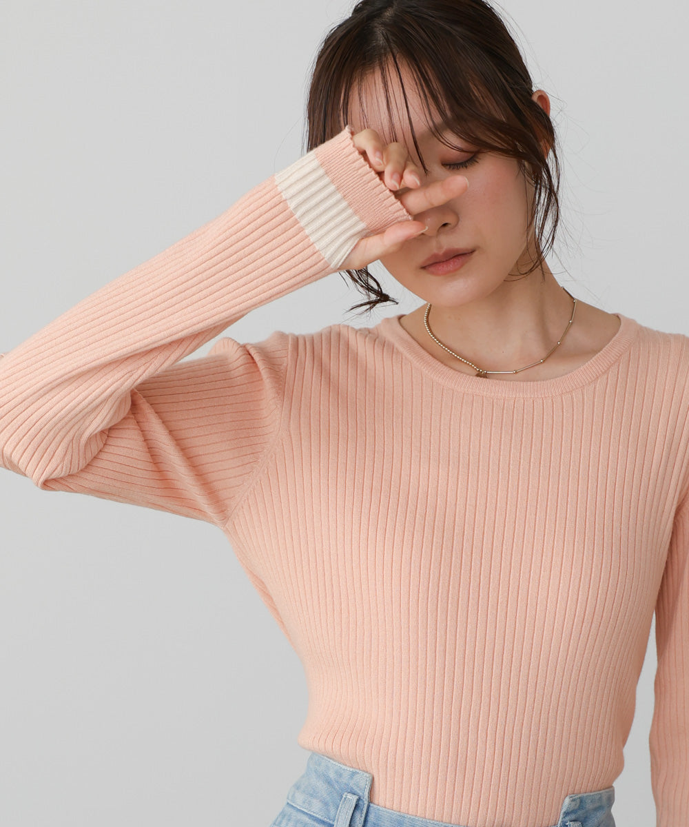 袖配色クルーネックリブニットトップス