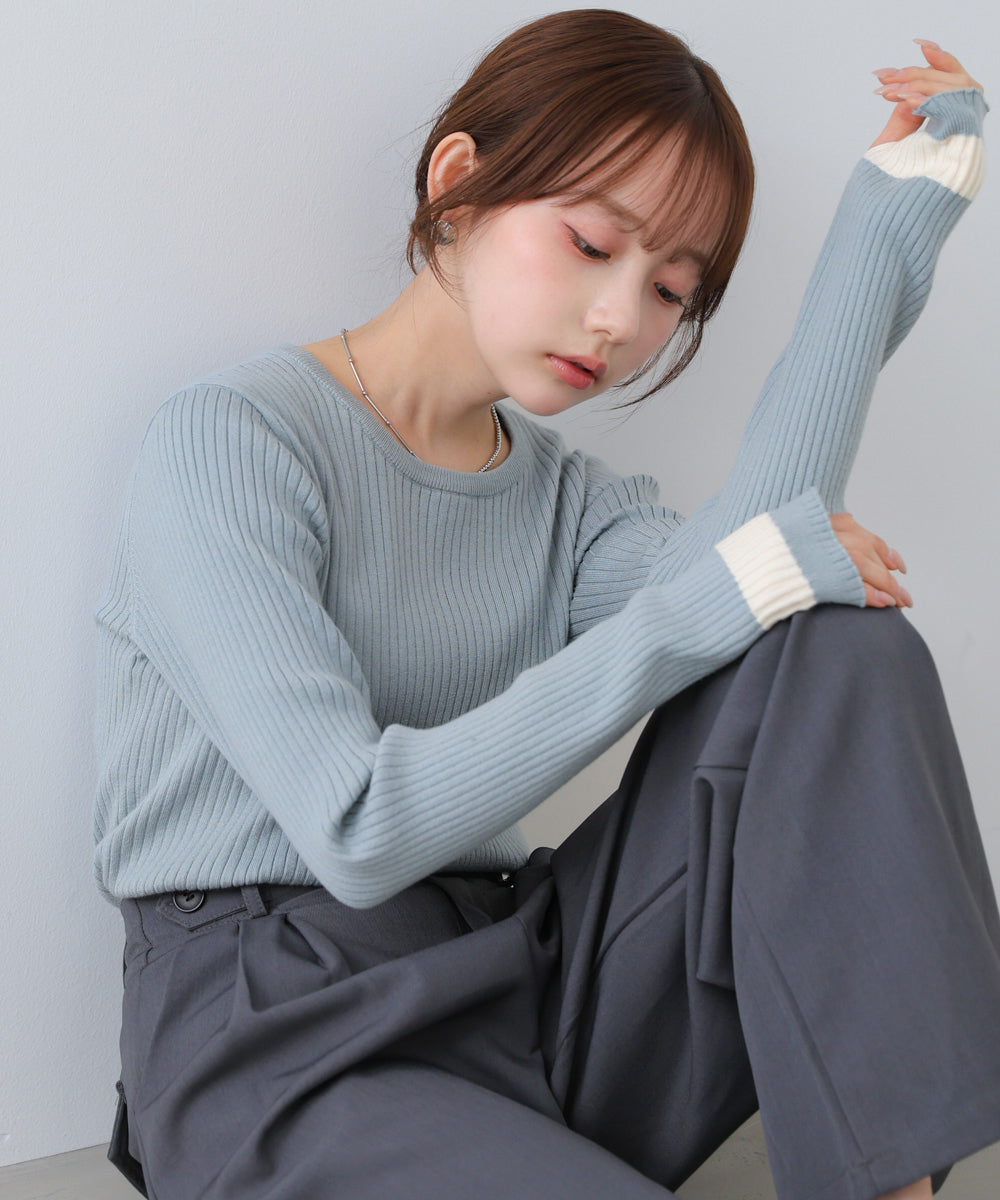 袖配色クルーネックリブニットトップス