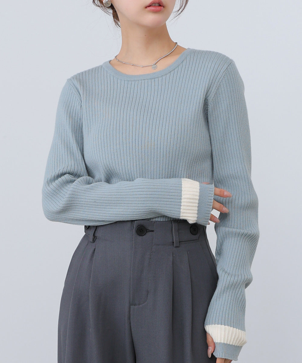 袖配色クルーネックリブニットトップス