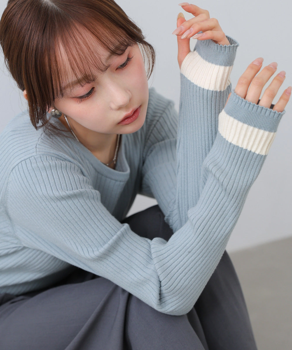 袖配色クルーネックリブニットトップス