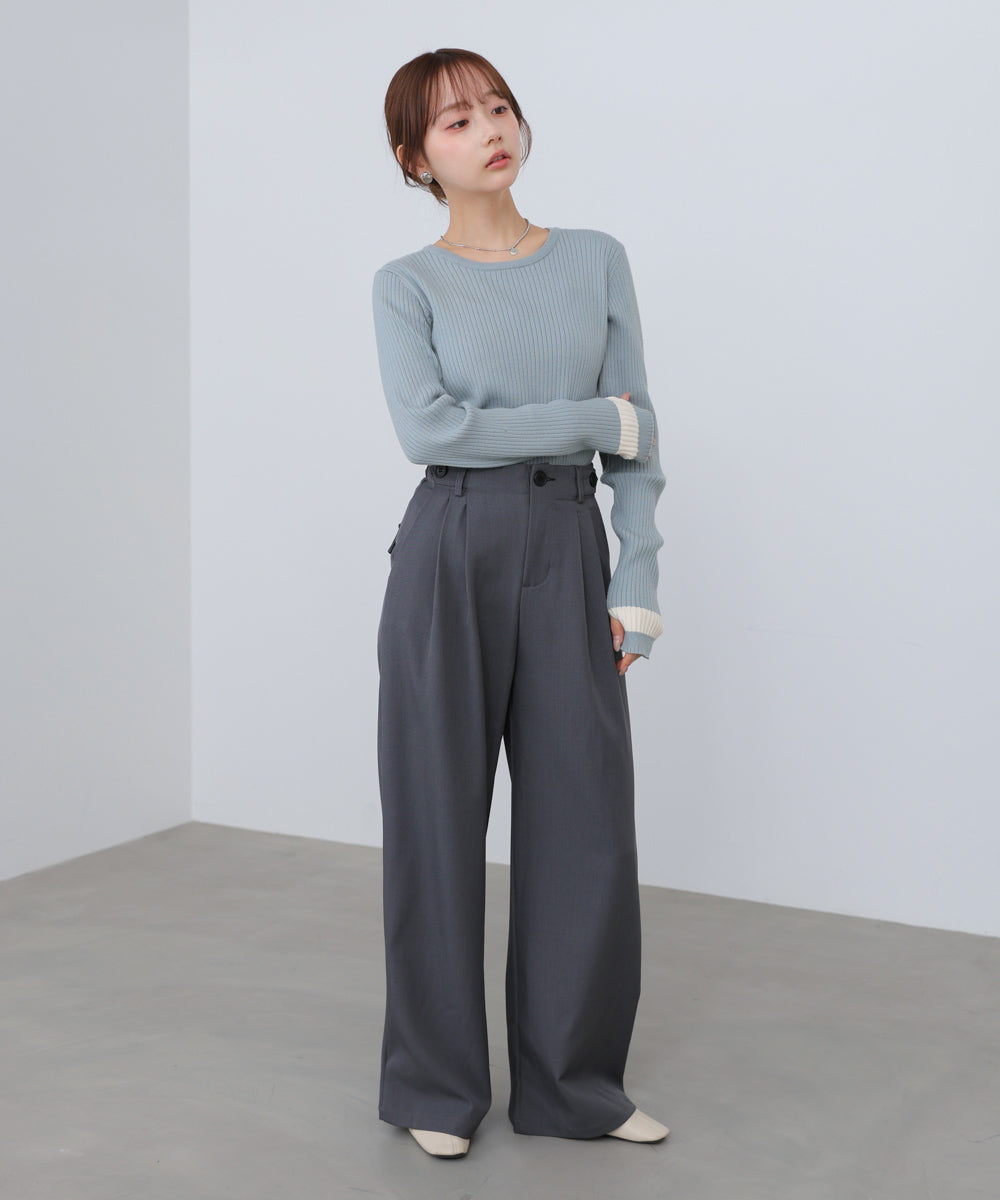 袖配色クルーネックリブニットトップス