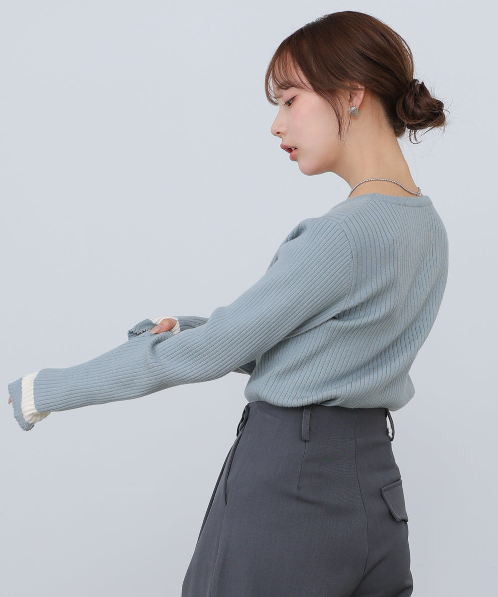 袖配色クルーネックリブニットトップス