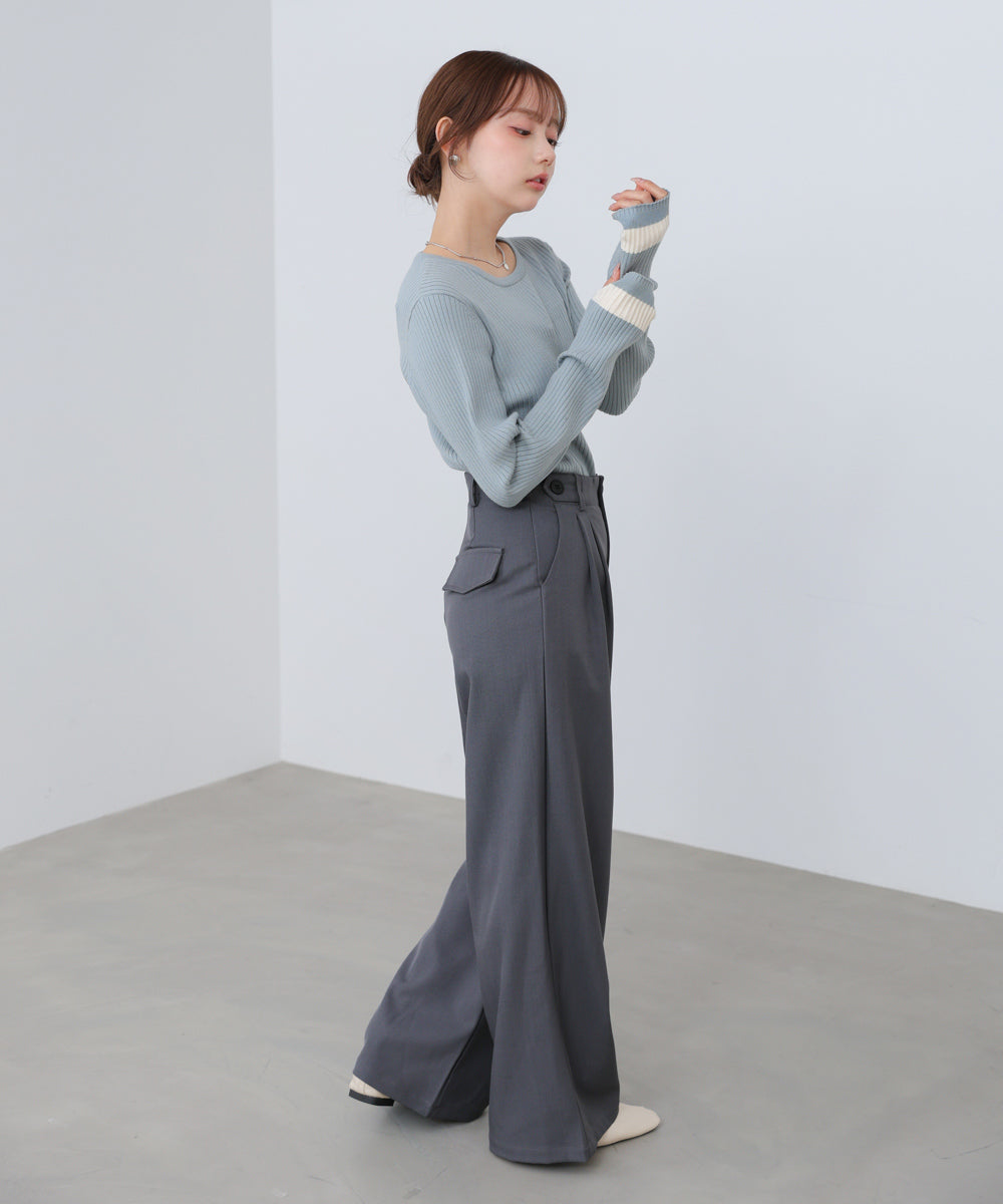 袖配色クルーネックリブニットトップス