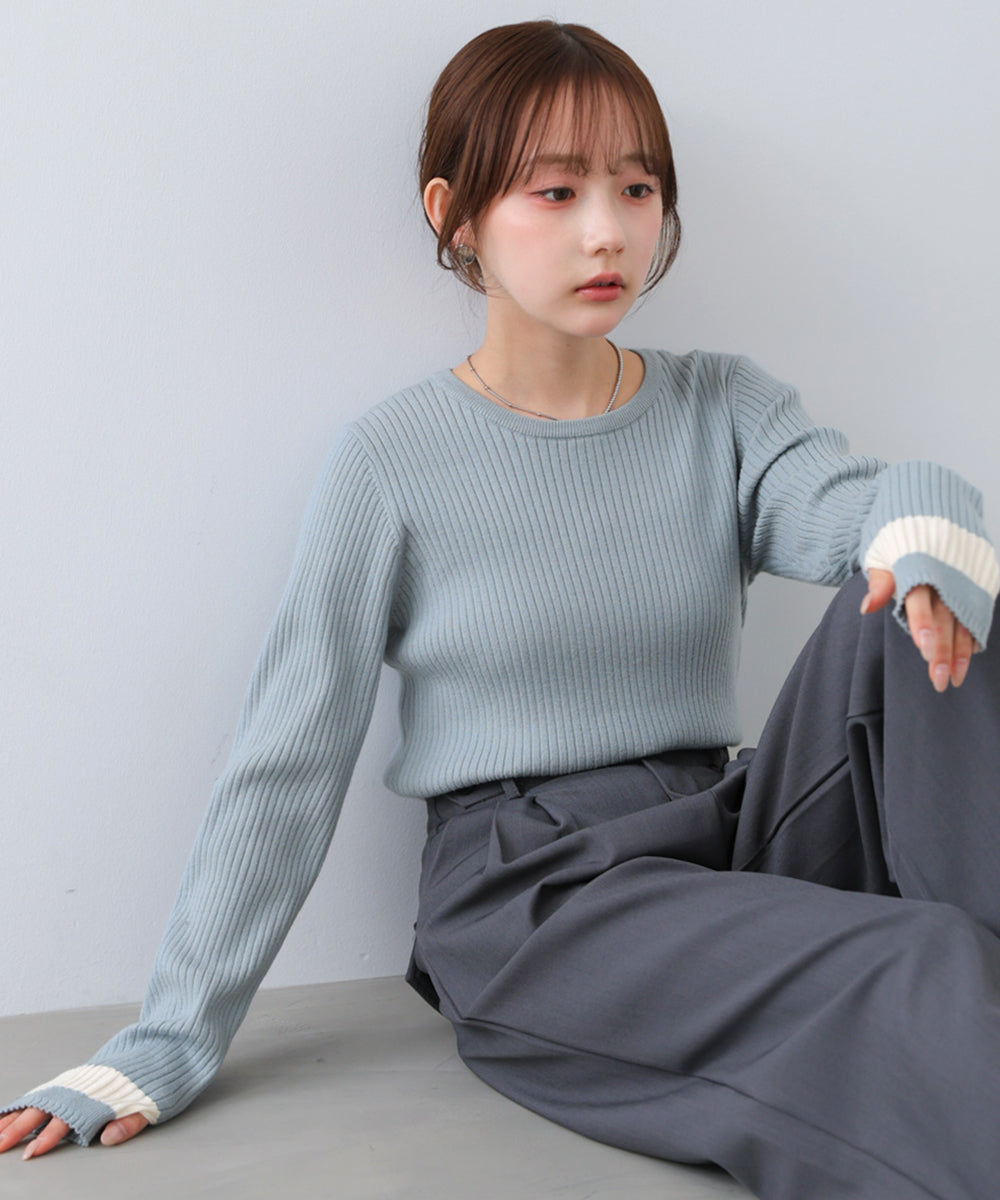 袖配色クルーネックリブニットトップス