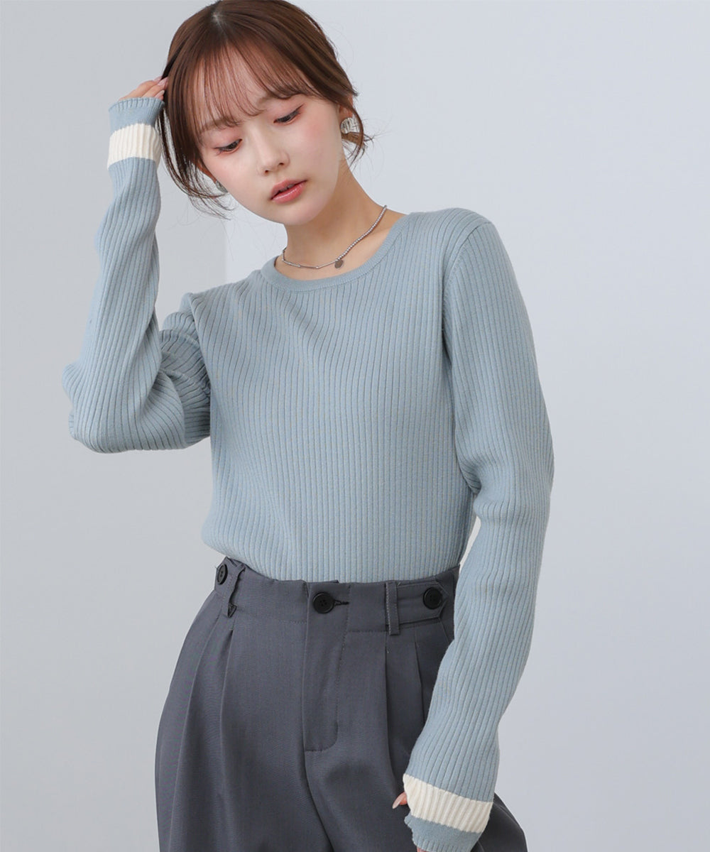 袖配色クルーネックリブニットトップス