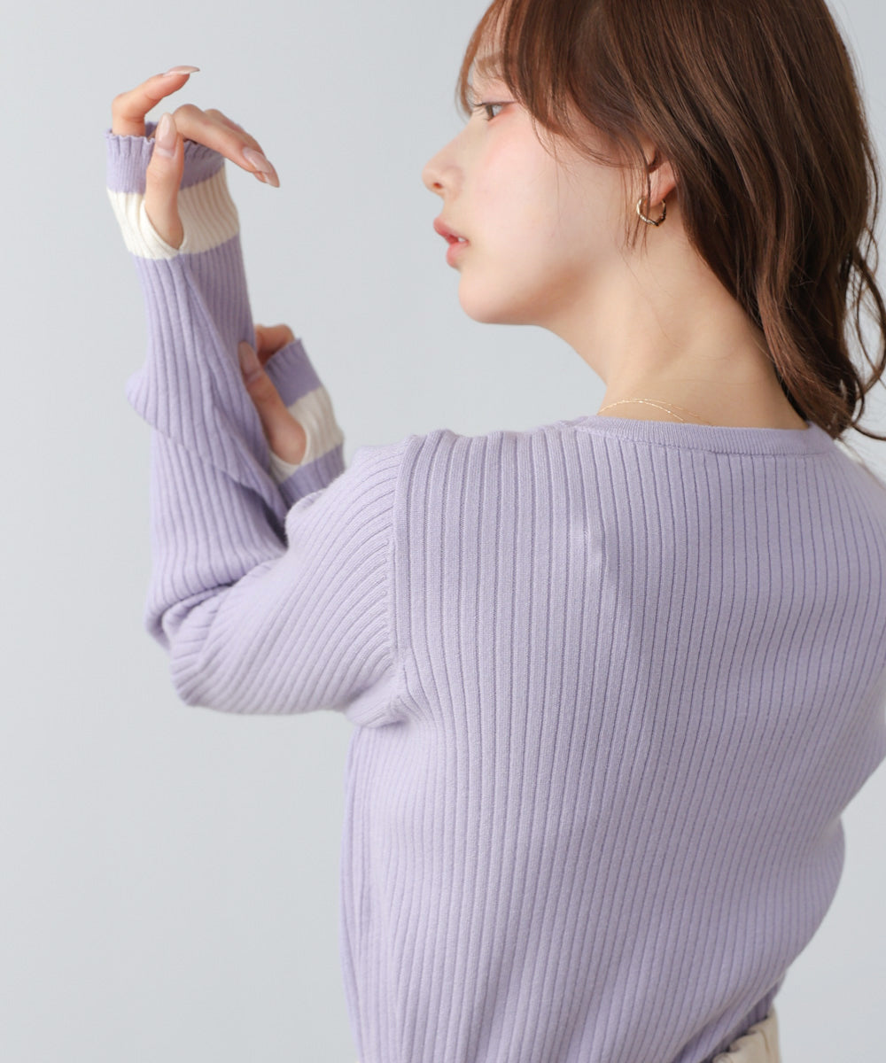 袖配色クルーネックリブニットトップス
