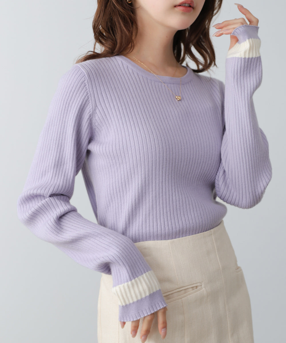袖配色クルーネックリブニットトップス