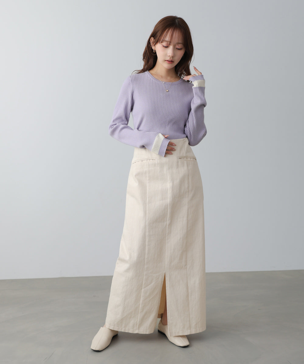 袖配色クルーネックリブニットトップス