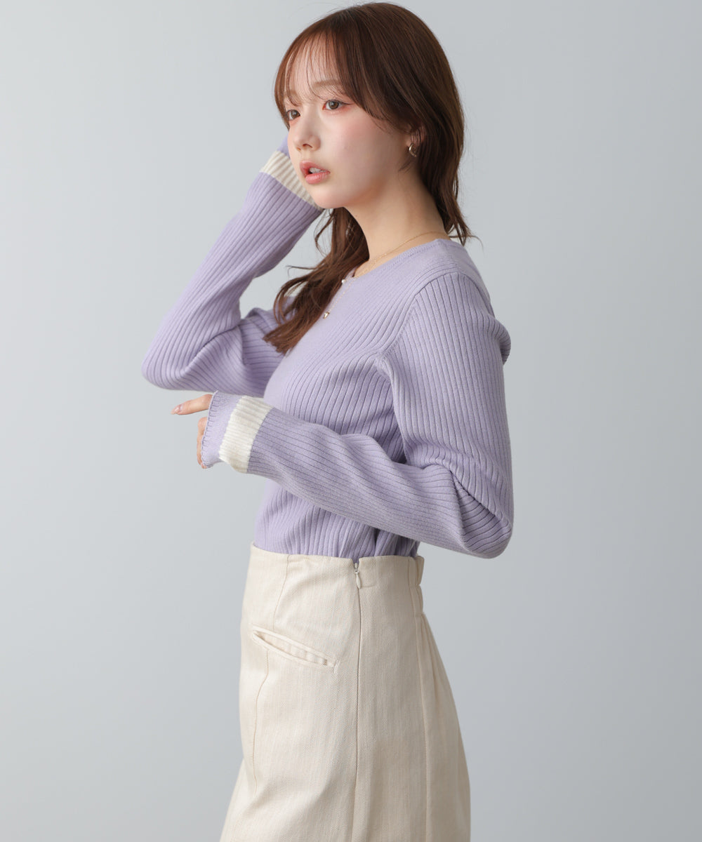 袖配色クルーネックリブニットトップス