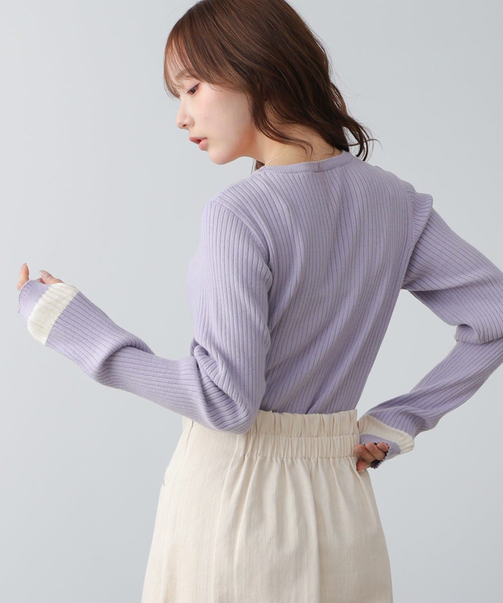 袖配色クルーネックリブニットトップス