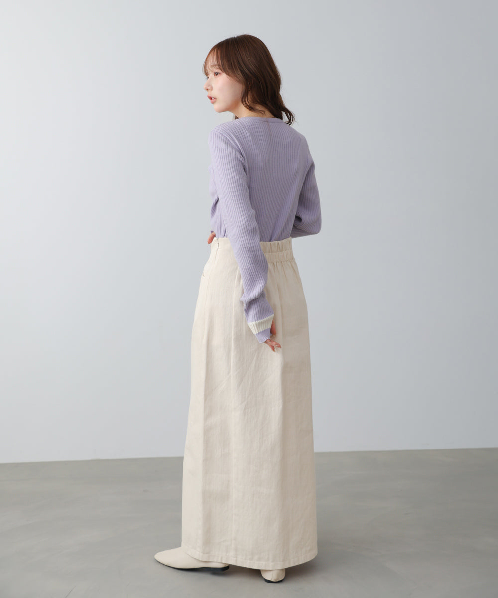 袖配色クルーネックリブニットトップス