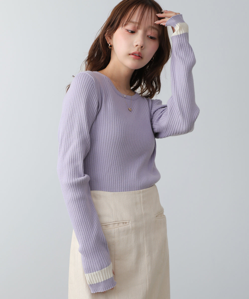 袖配色クルーネックリブニットトップス