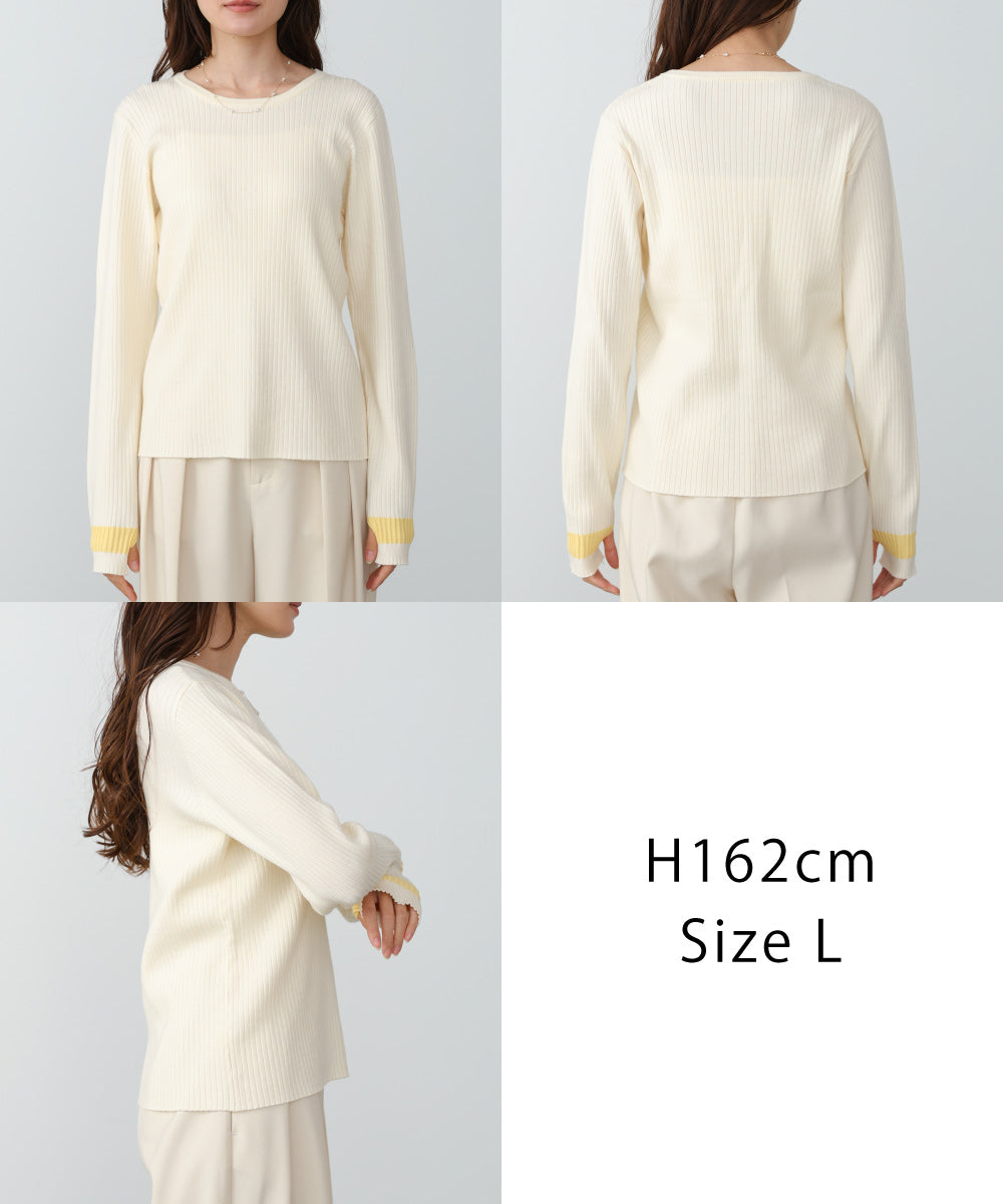 袖配色クルーネックリブニットトップス