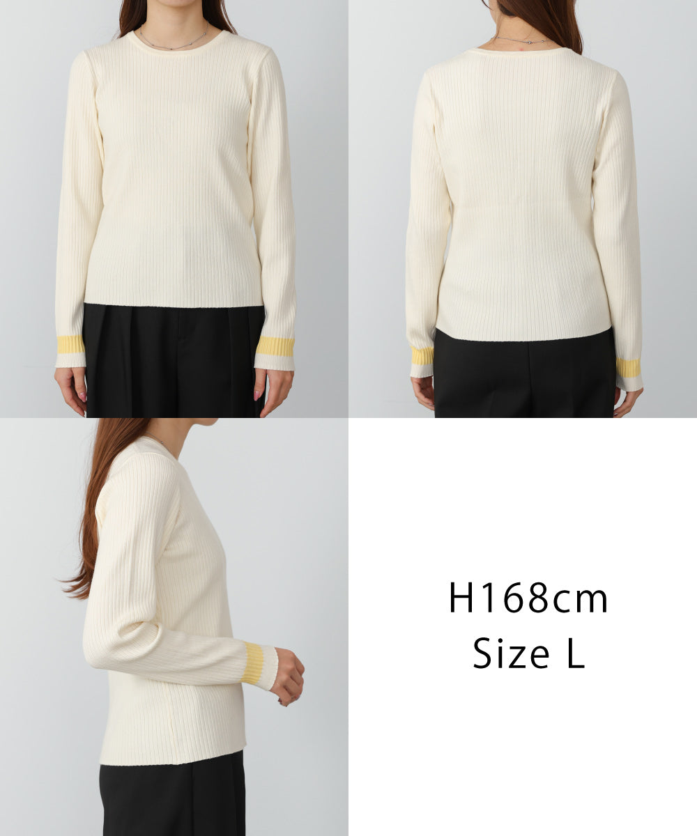 袖配色クルーネックリブニットトップス