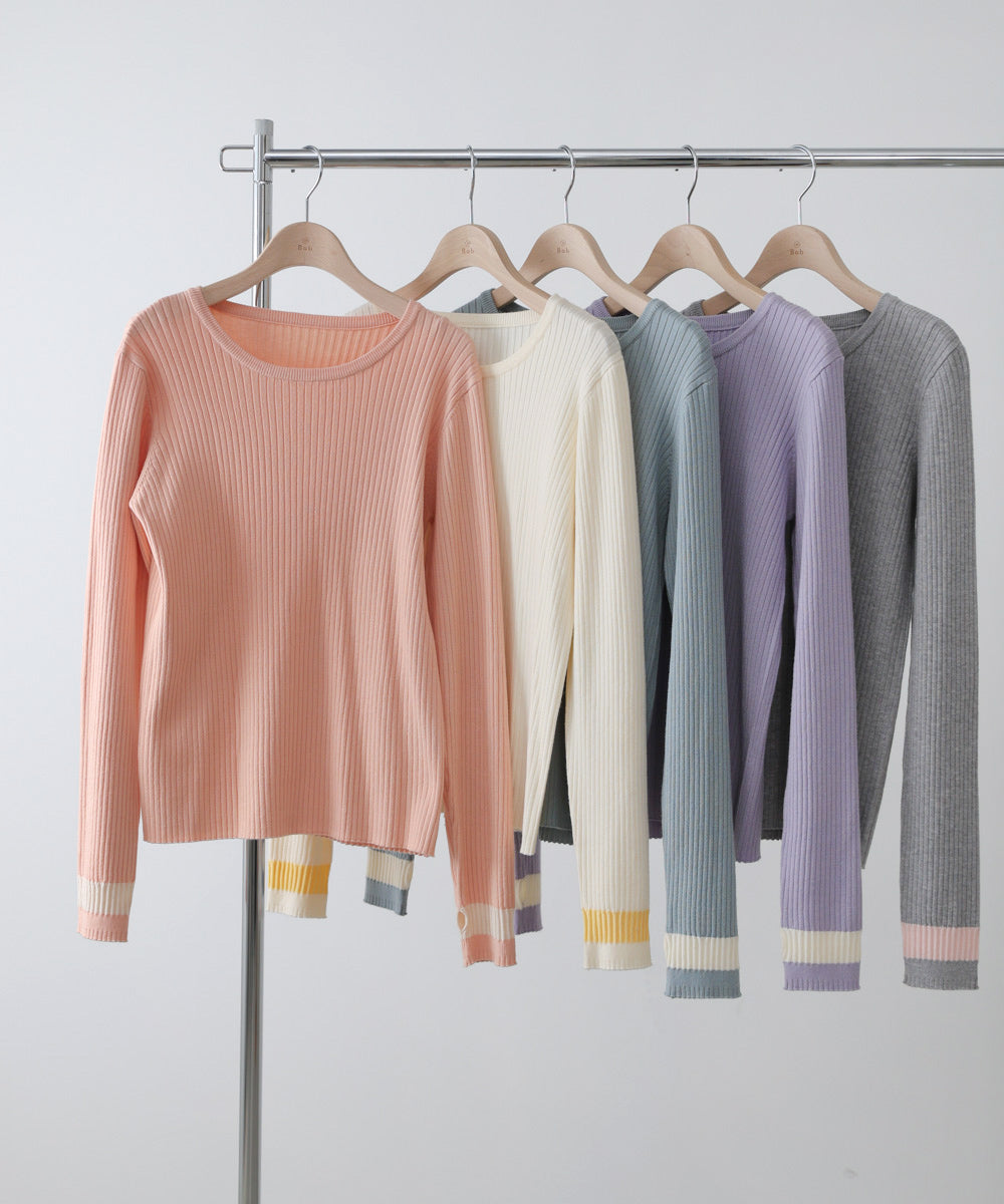 袖配色クルーネックリブニットトップス