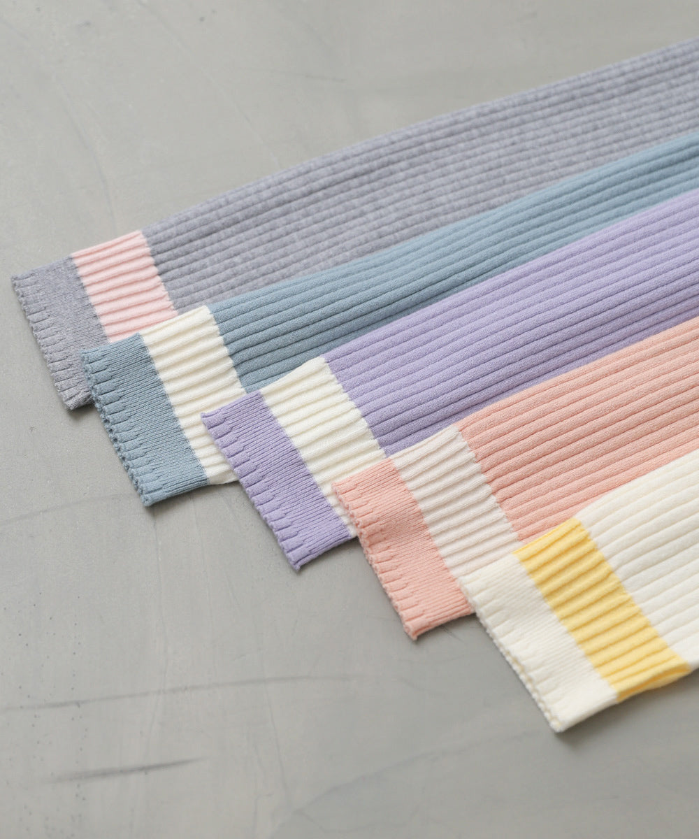 袖配色クルーネックリブニットトップス