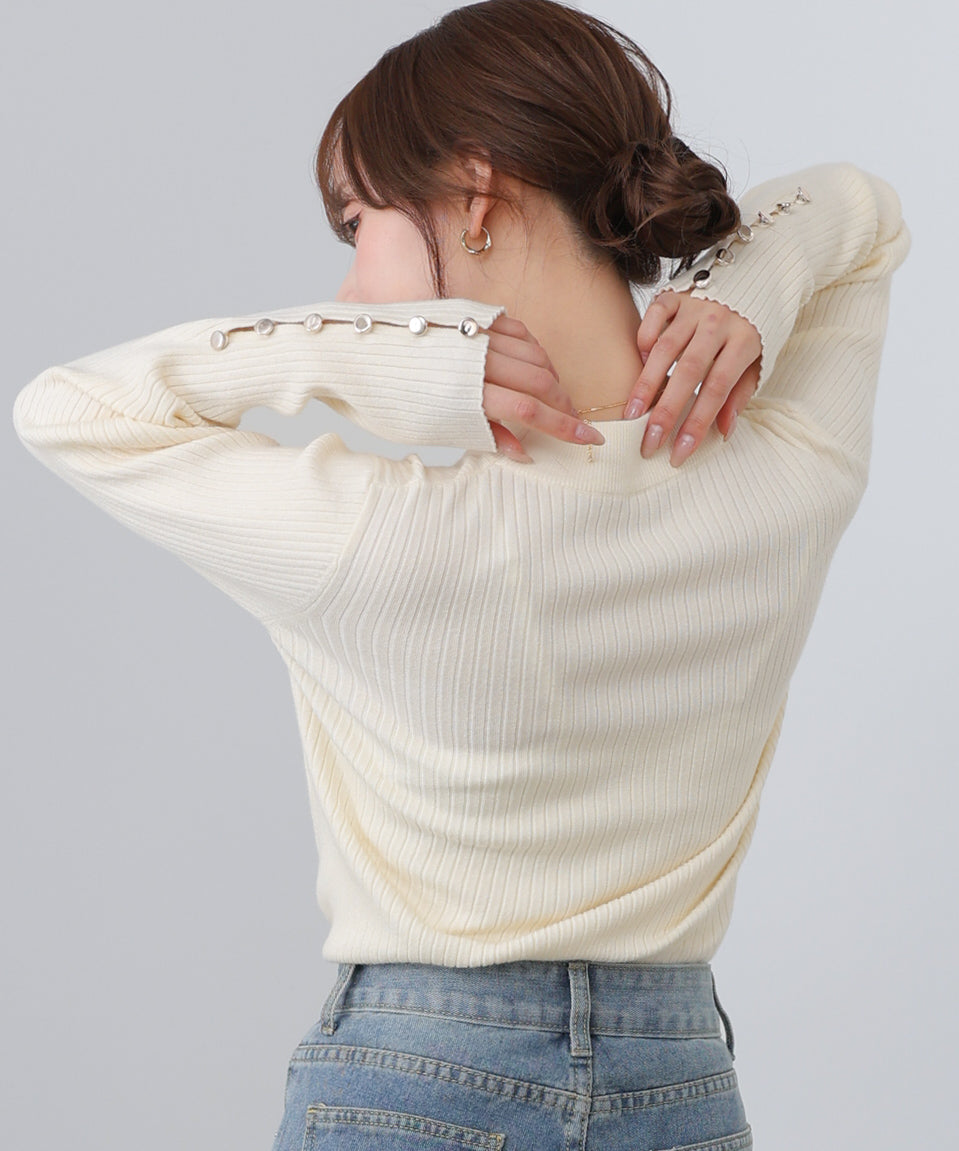 袖ボタンハイネックリブニットトップス
