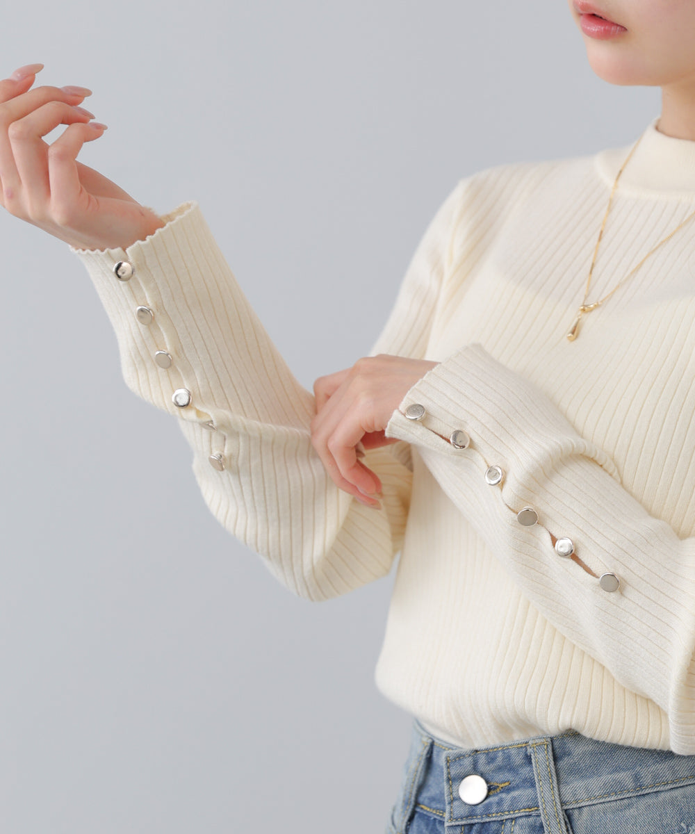 袖ボタンハイネックリブニットトップス