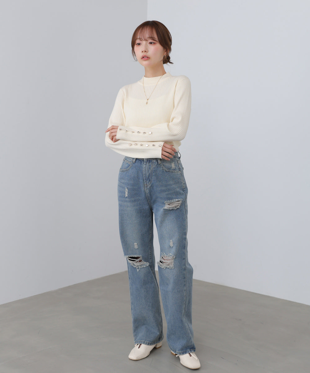 袖ボタンハイネックリブニットトップス