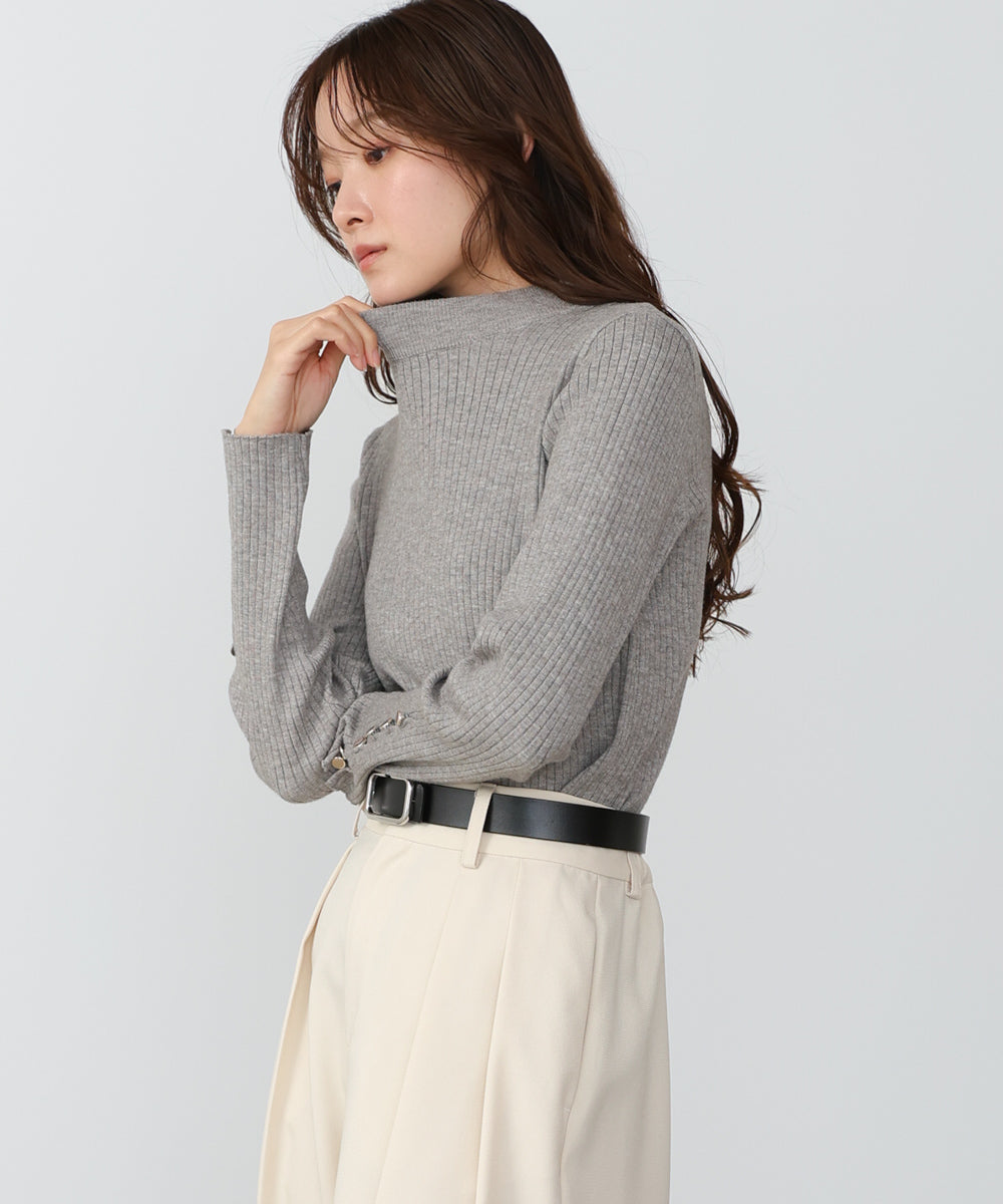 袖ボタンハイネックリブニットトップス