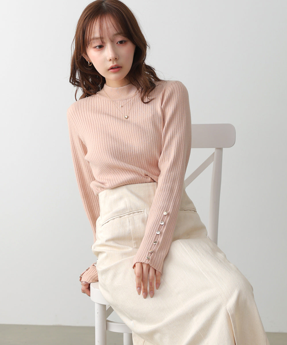 袖ボタンハイネックリブニットトップス