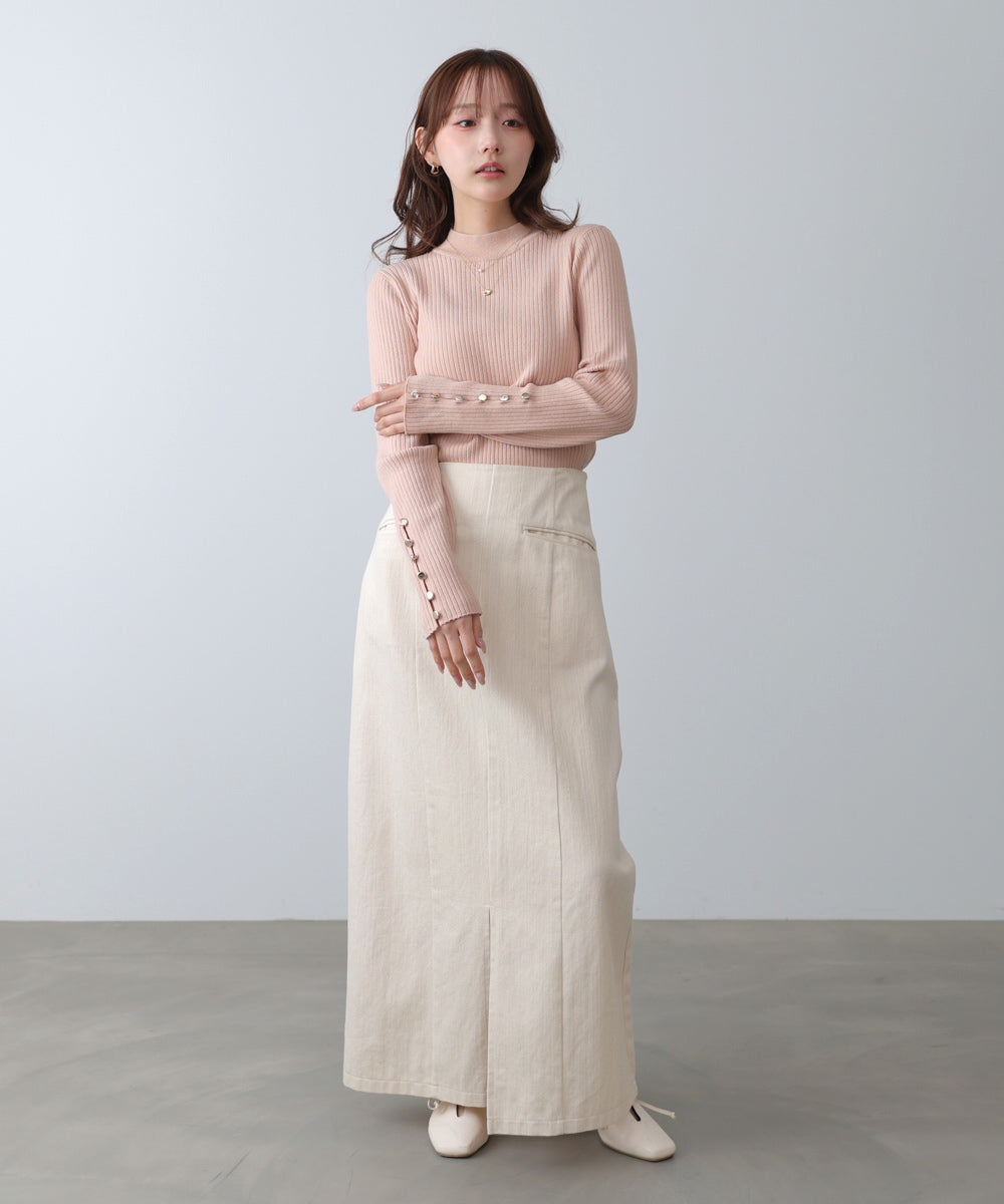 袖ボタンハイネックリブニットトップス