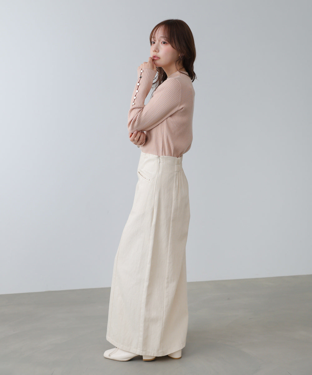 袖ボタンハイネックリブニットトップス