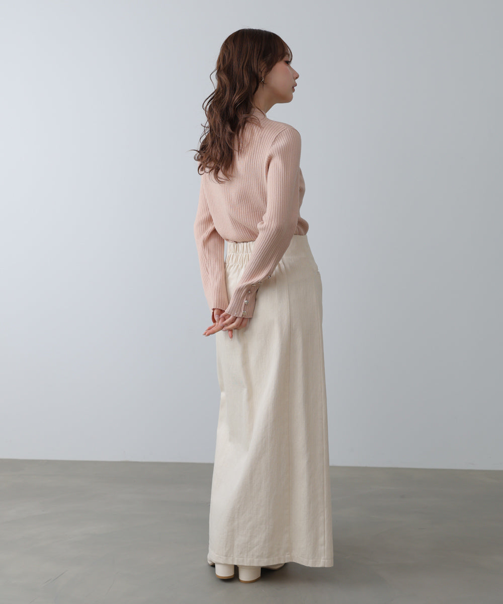 袖ボタンハイネックリブニットトップス