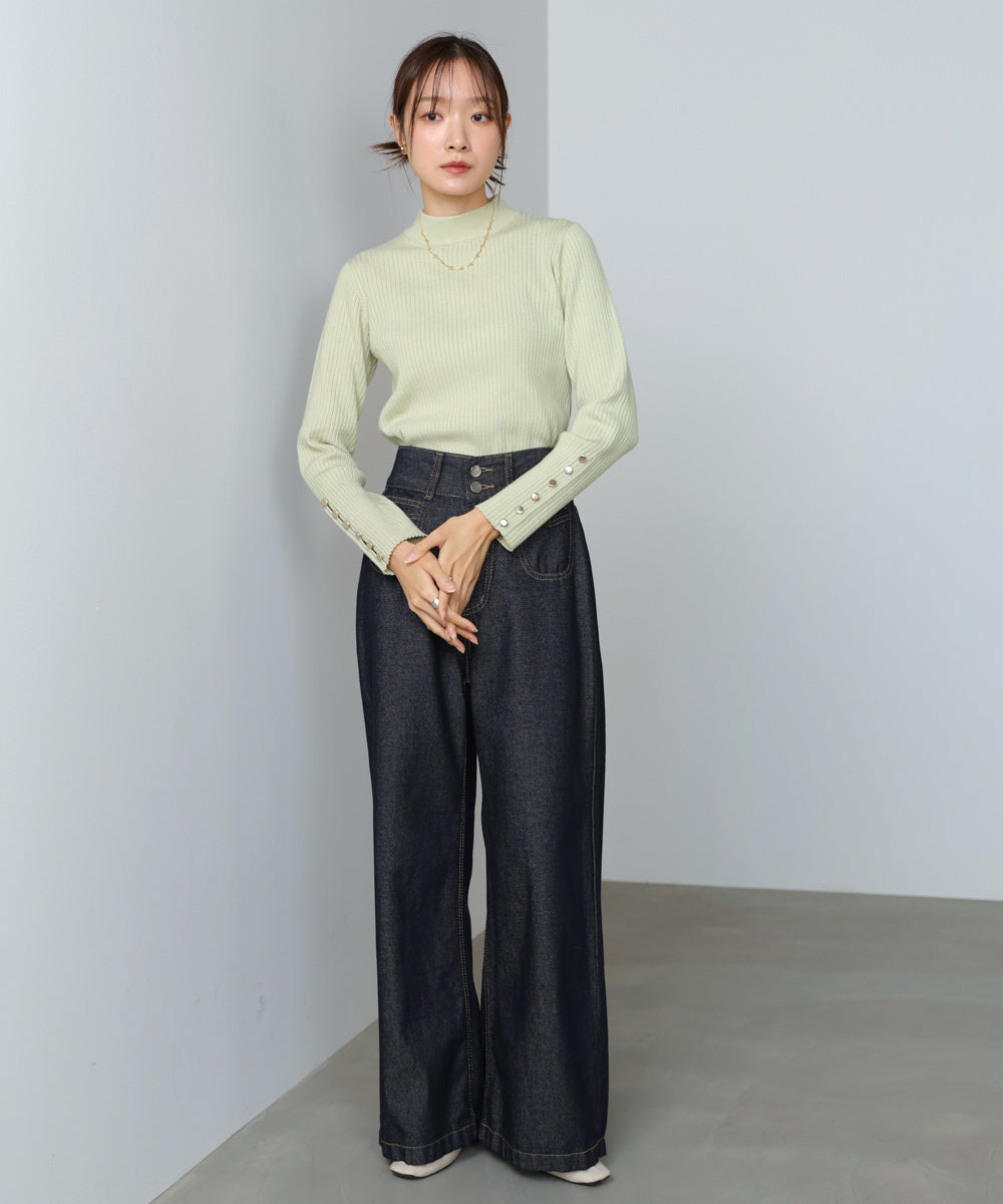 袖ボタンハイネックリブニットトップス