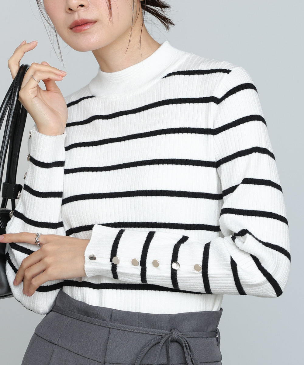 袖ボタンハイネックリブニットトップス