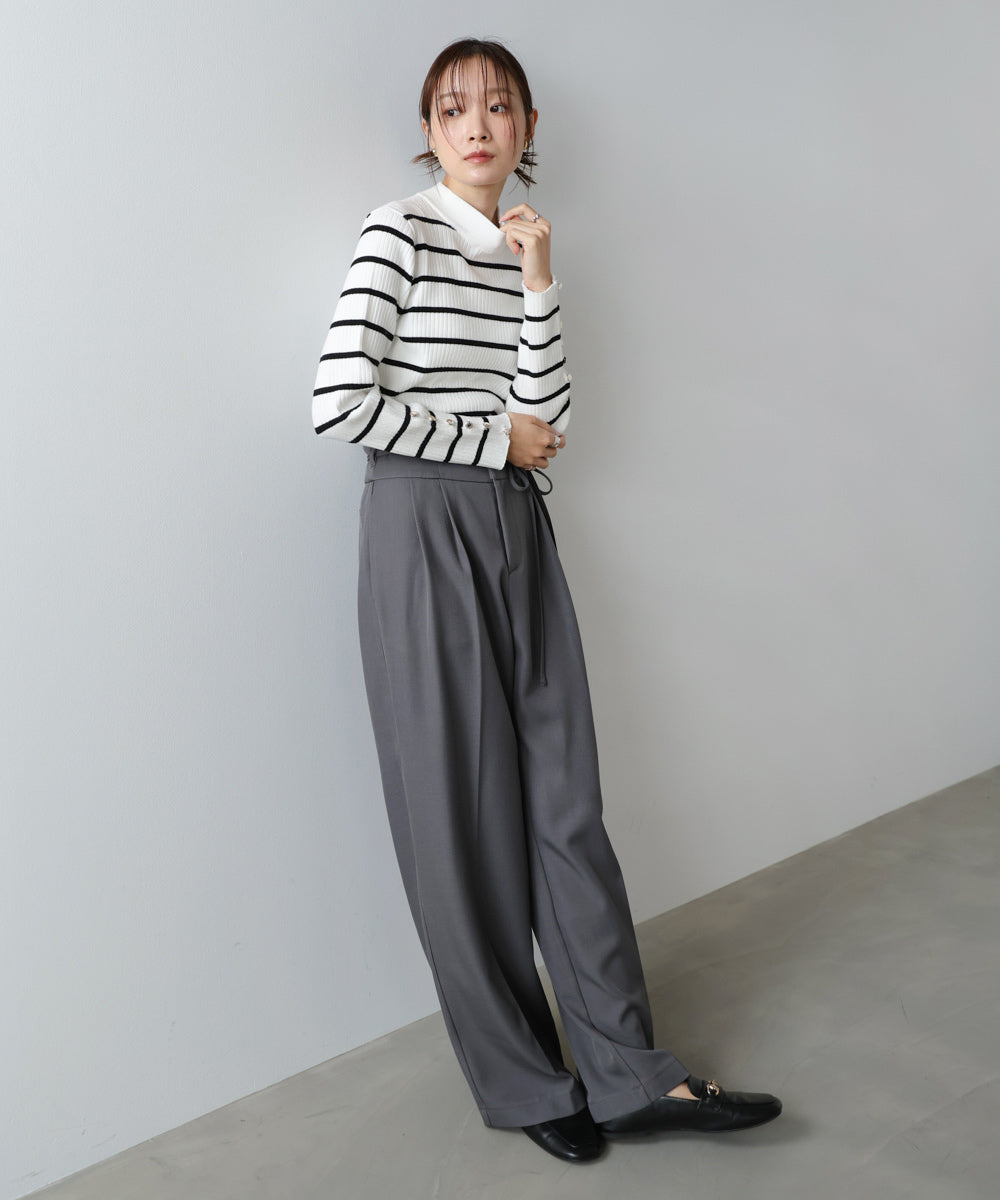 袖ボタンハイネックリブニットトップス