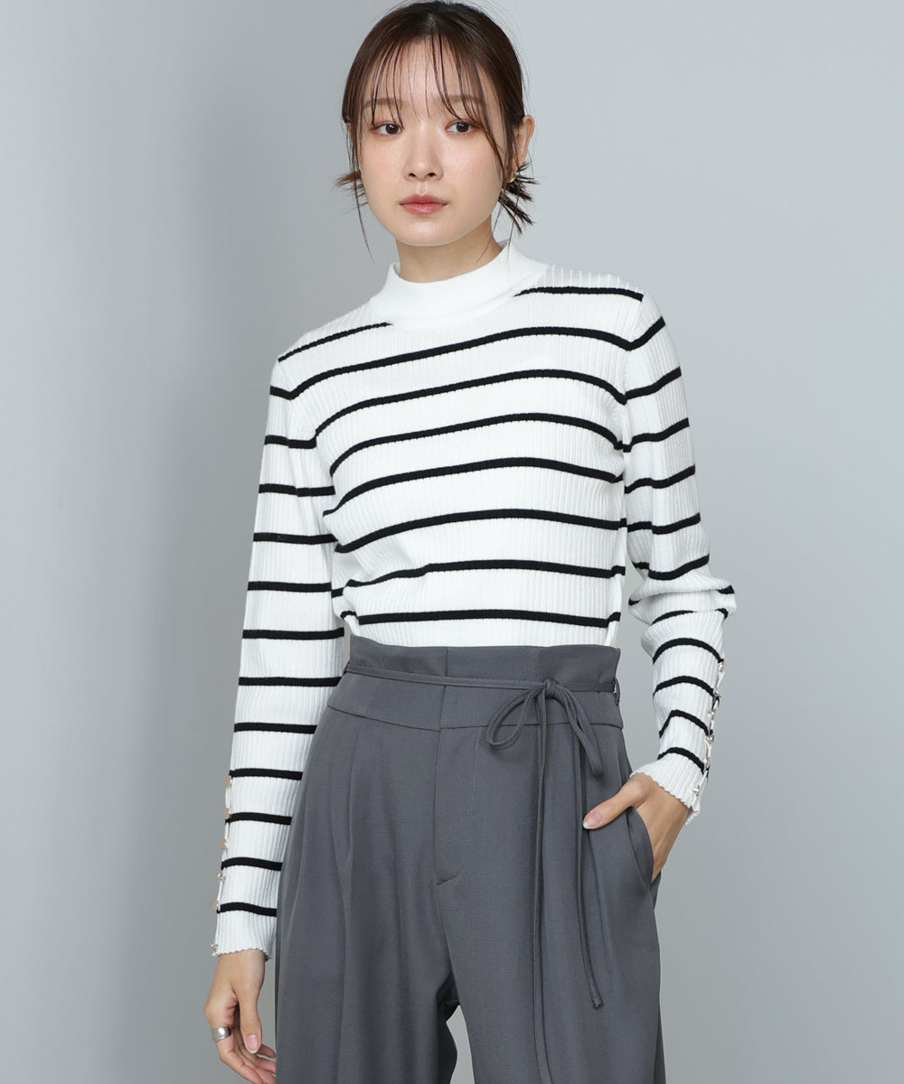 袖ボタンハイネックリブニットトップス