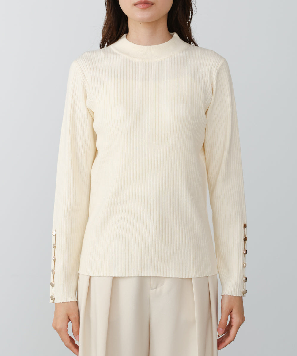 袖ボタンハイネックリブニットトップス