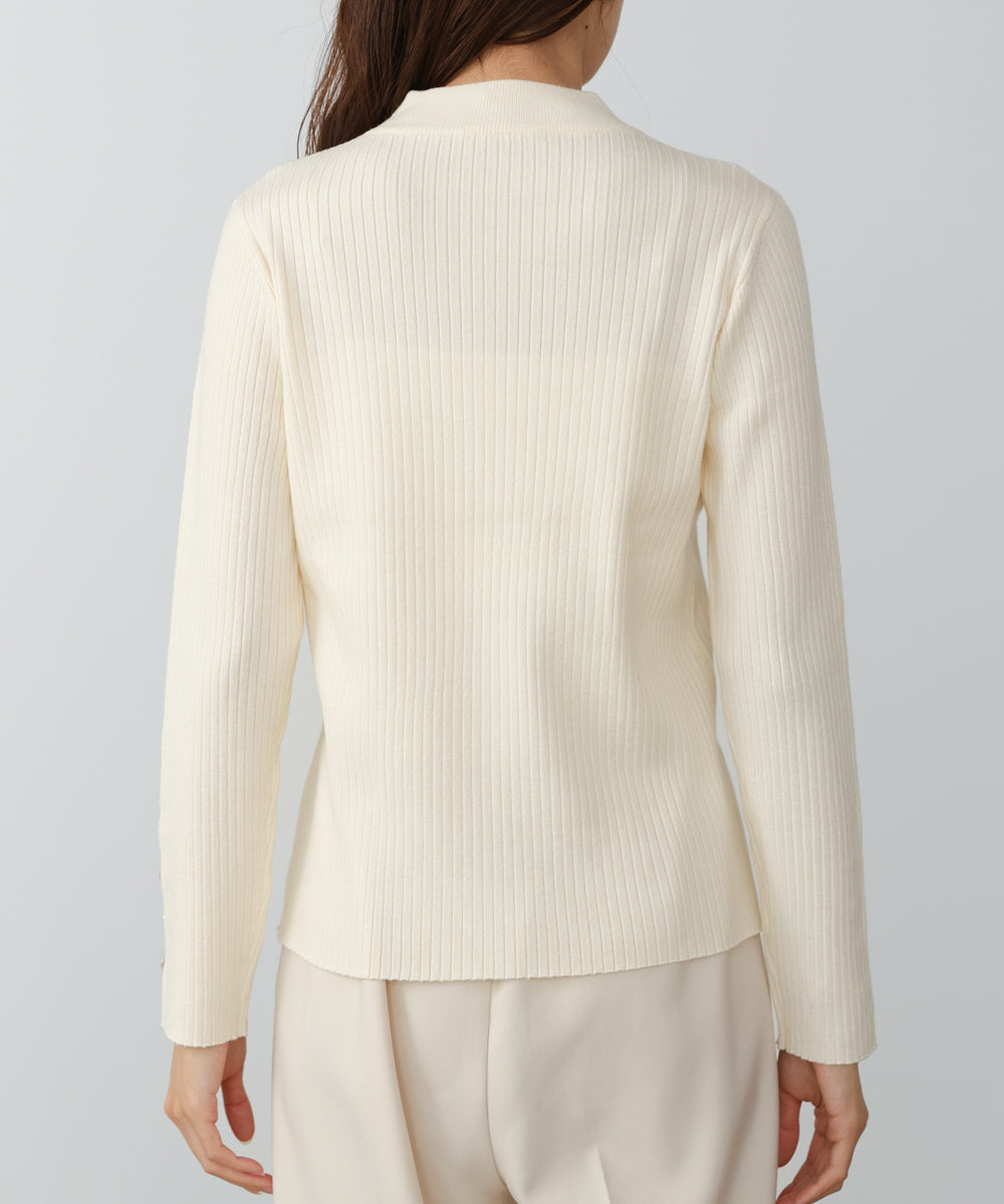 袖ボタンハイネックリブニットトップス