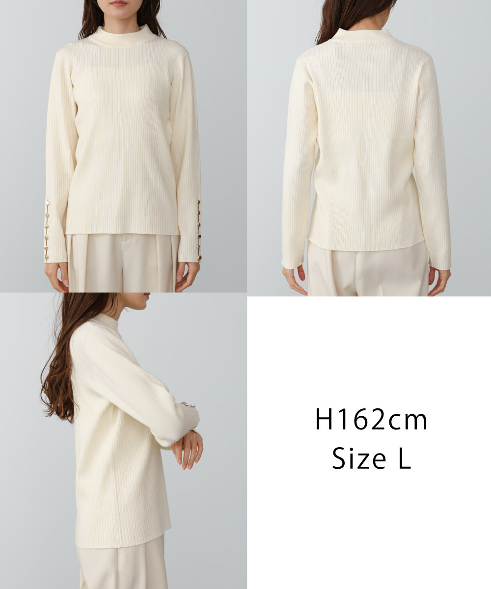 袖ボタンハイネックリブニットトップス