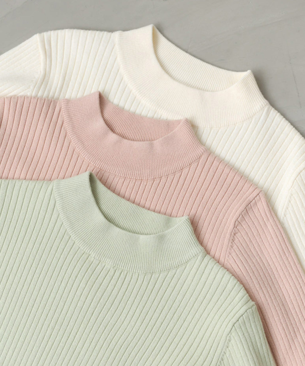 袖ボタンハイネックリブニットトップス