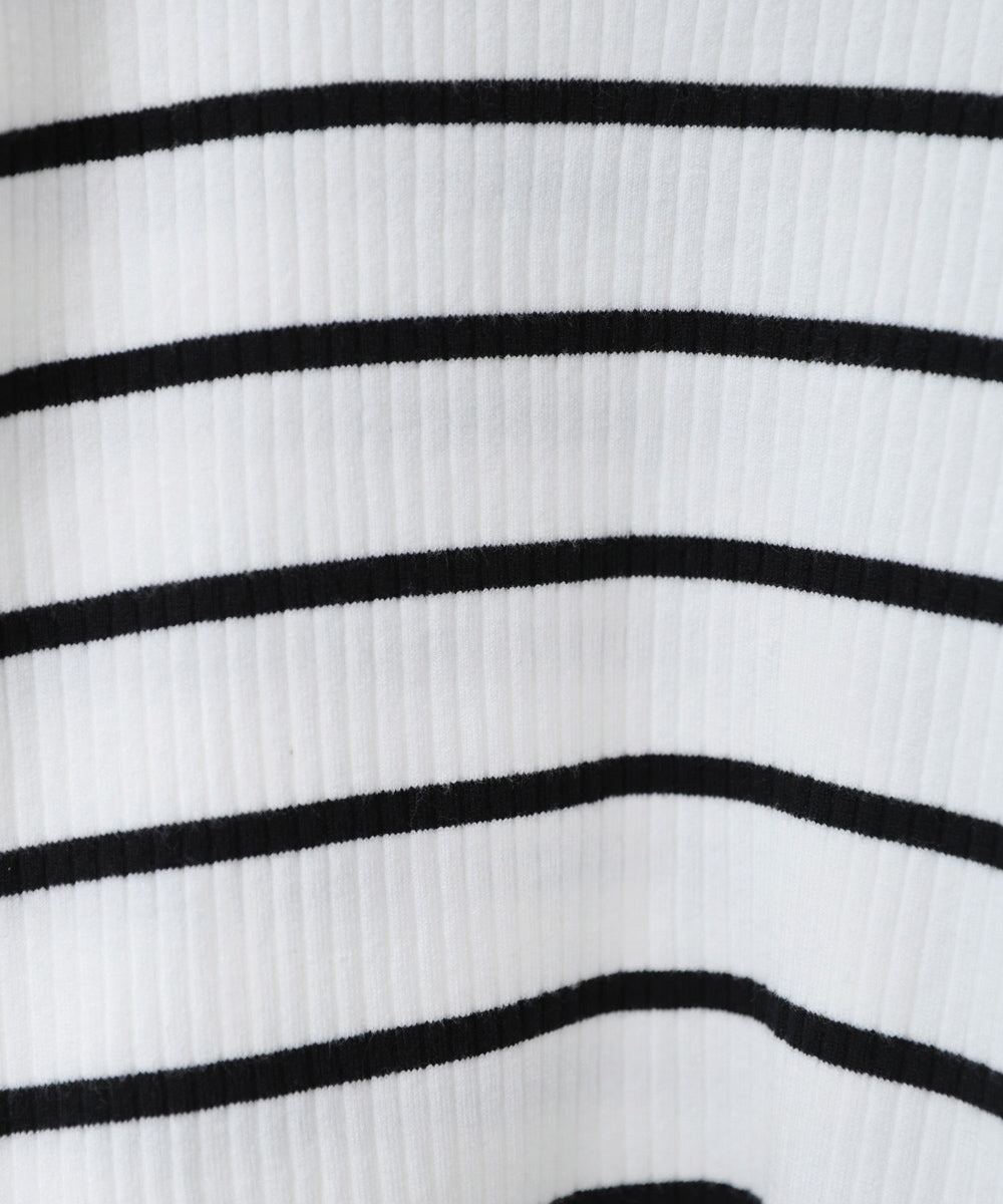 袖ボタンハイネックリブニットトップス