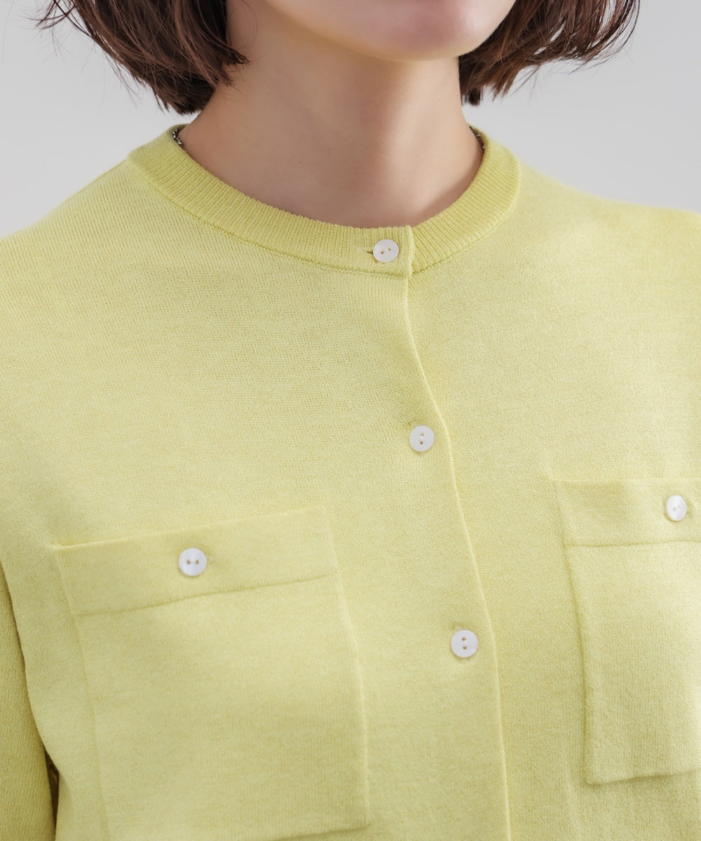 マイクロラメ丸首ニットカーディガン