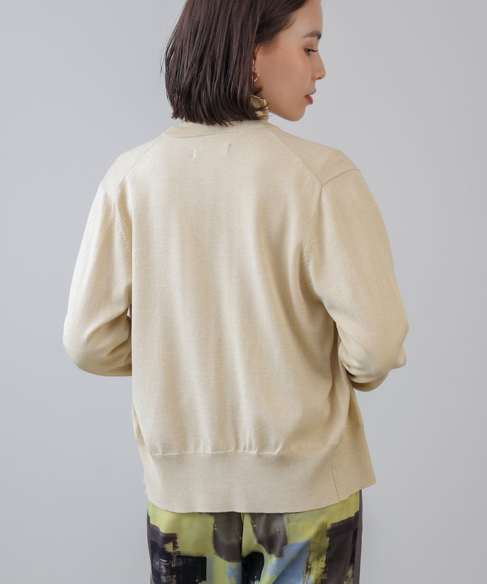 マイクロラメ丸首ニットカーディガン