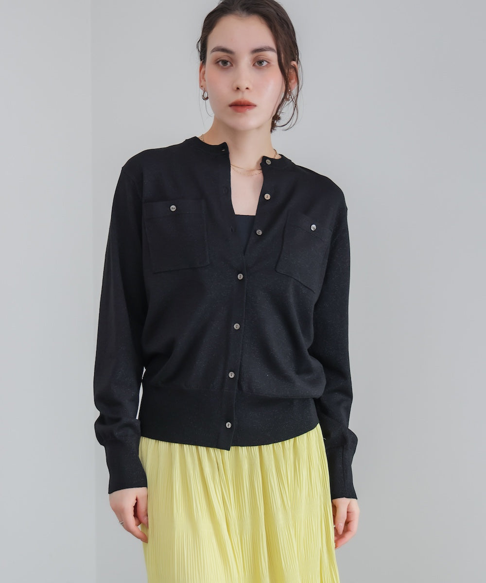 マイクロラメ丸首ニットカーディガン